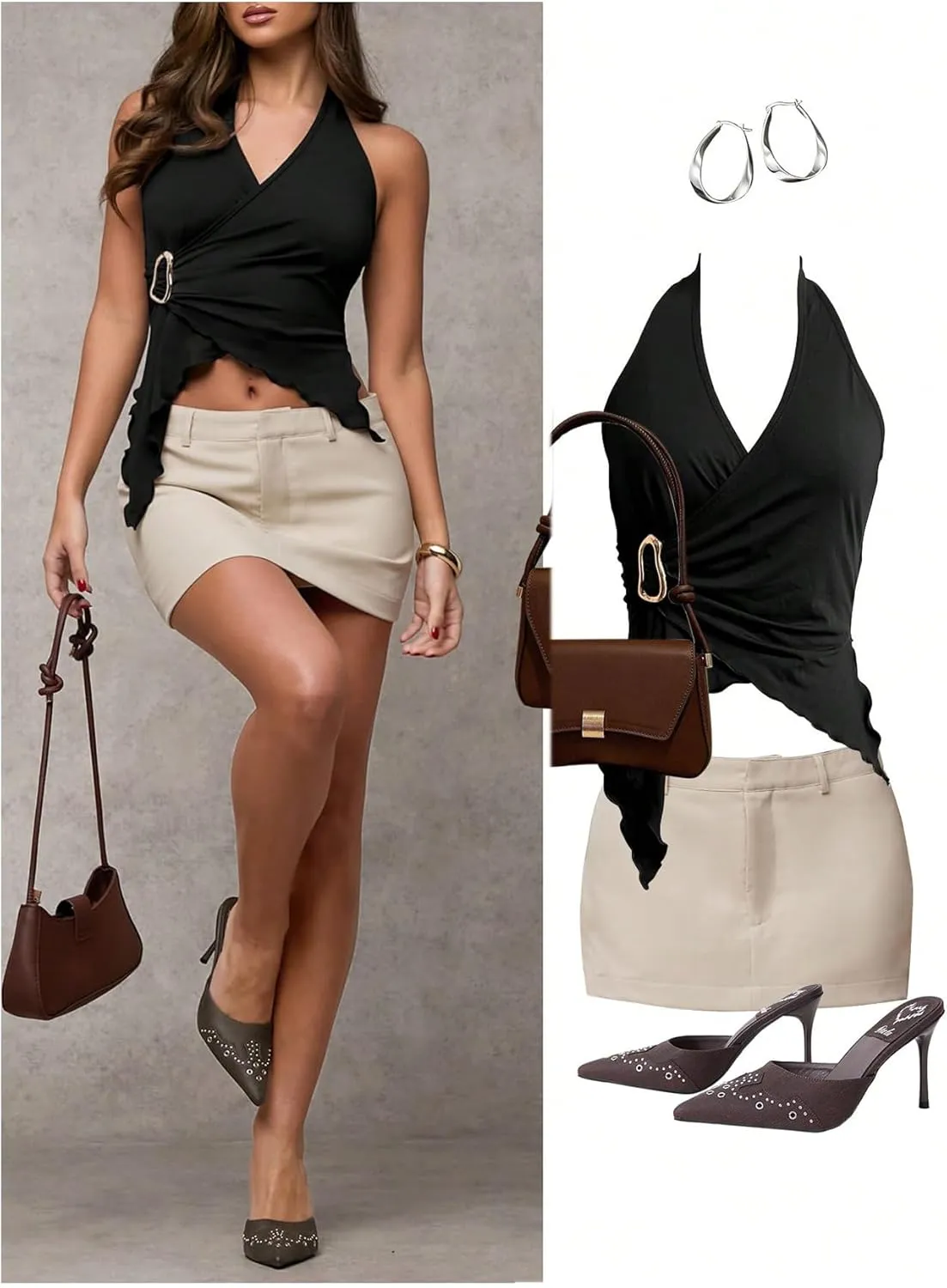 Verdusa Women's Wrap V Neck Buckle Halter Top Ruched Asymmetrical Sleeveless Tops