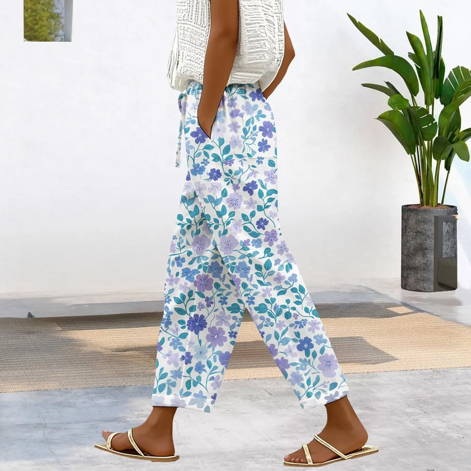 Wide Leg Pants for Women Summer Casual Floral Linen Pants Elastic Waist Drawstring Trousers with Pockets