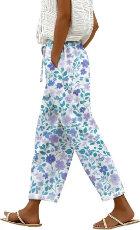 Wide Leg Pants for Women Summer Casual Floral Linen Pants Elastic Waist Drawstring Trousers with Pockets