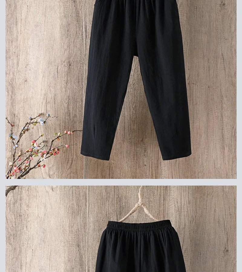 Wjczt Cotton Linen Pants Women Spring Summer Large Size Solid Color Harem Pants Elastic Waist Loose Casual Woman&#39;s Linen Trousers
