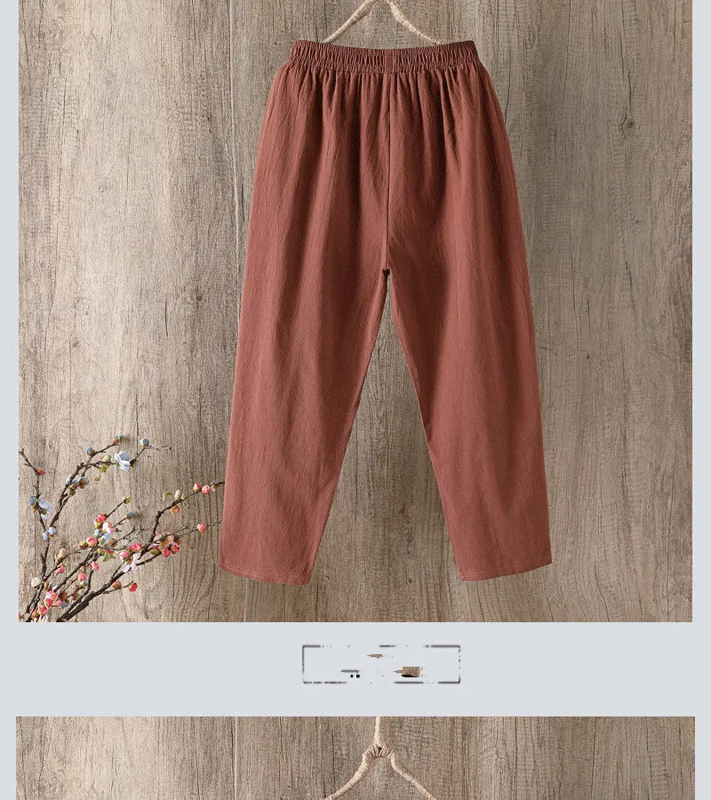 Wjczt Cotton Linen Pants Women Spring Summer Large Size Solid Color Harem Pants Elastic Waist Loose Casual Woman&#39;s Linen Trousers