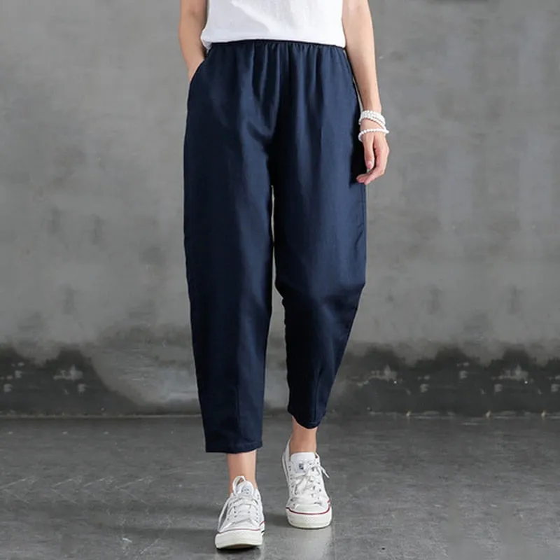 Wjczt Cotton Linen Pants Women Spring Summer Large Size Solid Color Harem Pants Elastic Waist Loose Casual Woman&#39;s Linen Trousers