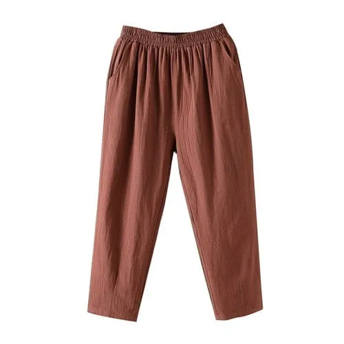 Wjczt Cotton Linen Pants Women Spring Summer Large Size Solid Color Harem Pants Elastic Waist Loose Casual Woman&#39;s Linen Trousers