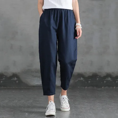 Wjczt Cotton Linen Pants Women Spring Summer Large Size Solid Color Harem Pants Elastic Waist Loose Casual Woman&#39;s Linen Trousers
