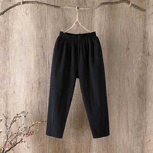 Wjczt Cotton Linen Pants Women Spring Summer Large Size Solid Color Harem Pants Elastic Waist Loose Casual Woman&#39;s Linen Trousers