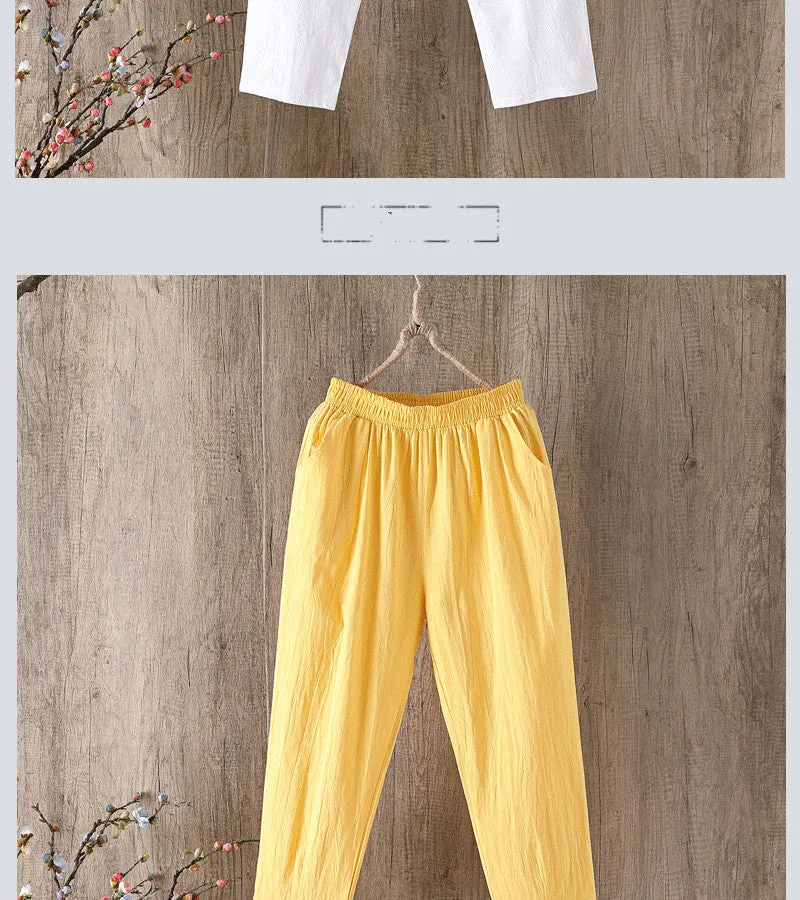 Wjczt Cotton Linen Pants Women Spring Summer Large Size Solid Color Harem Pants Elastic Waist Loose Casual Woman&#39;s Linen Trousers