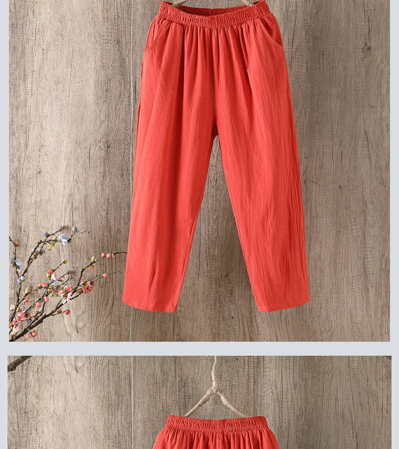 Wjczt Cotton Linen Pants Women Spring Summer Large Size Solid Color Harem Pants Elastic Waist Loose Casual Woman&#39;s Linen Trousers