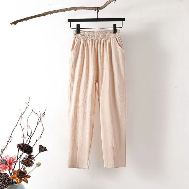Wjczt Cotton Linen Pants Women Spring Summer Large Size Solid Color Harem Pants Elastic Waist Loose Casual Woman&#39;s Linen Trousers