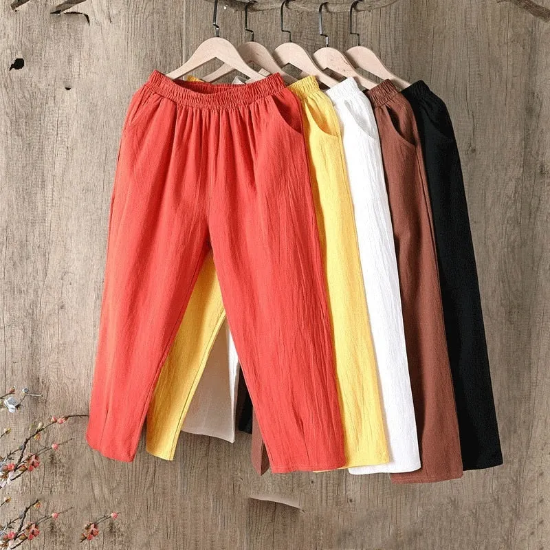 Wjczt Cotton Linen Pants Women Spring Summer Large Size Solid Color Harem Pants Elastic Waist Loose Casual Woman&#39;s Linen Trousers