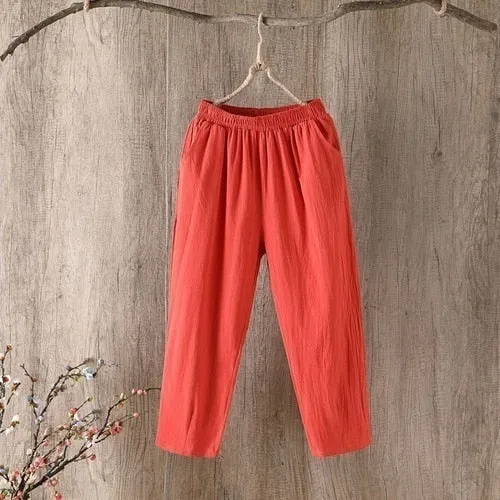 Wjczt Cotton Linen Pants Women Spring Summer Large Size Solid Color Harem Pants Elastic Waist Loose Casual Woman&#39;s Linen Trousers