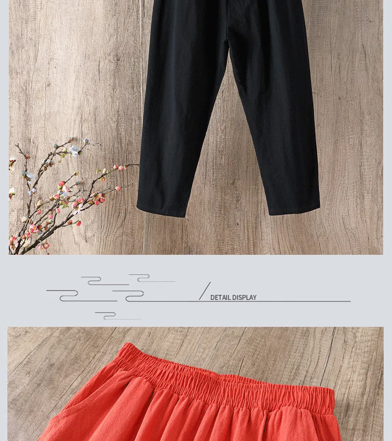 Wjczt Cotton Linen Pants Women Spring Summer Large Size Solid Color Harem Pants Elastic Waist Loose Casual Woman&#39;s Linen Trousers