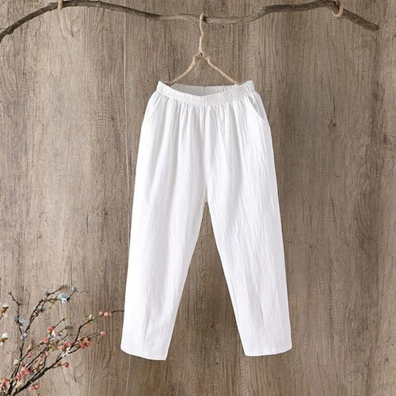 Wjczt Cotton Linen Pants Women Spring Summer Large Size Solid Color Harem Pants Elastic Waist Loose Casual Woman&#39;s Linen Trousers