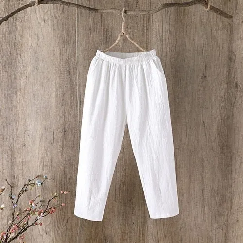 Wjczt Cotton Linen Pants Women Spring Summer Large Size Solid Color Harem Pants Elastic Waist Loose Casual Woman&#39;s Linen Trousers