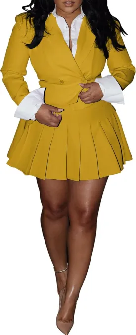 Women 2 Piece Outfits Business Casual Double Breasted Cropped Blazer Jacket and High Waist Pleated Mini Skirt Sets