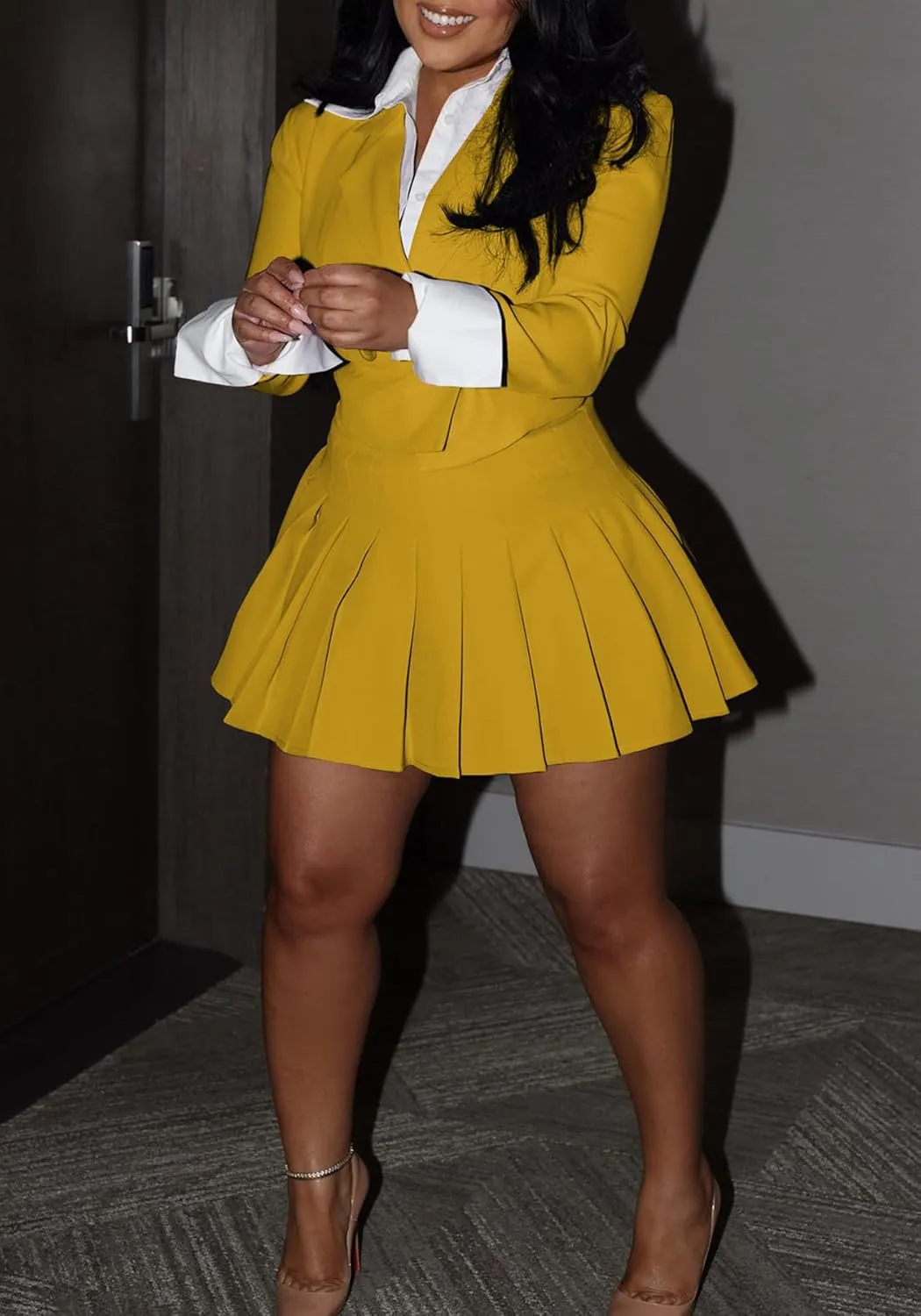 Women 2 Piece Outfits Business Casual Double Breasted Cropped Blazer Jacket and High Waist Pleated Mini Skirt Sets