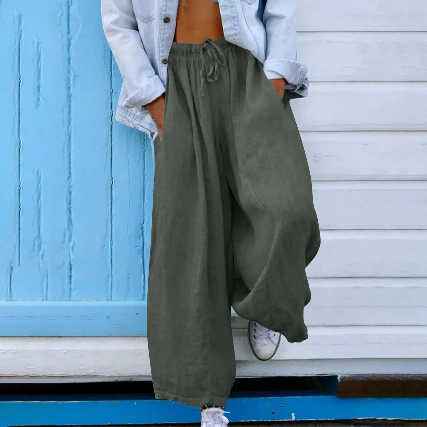 Women 2025 Casual Wide Leg Pants Elastic Waist Wide Leg Linen Pant Loose Long Palazzo Trousers Bottoms Slacks Pockets