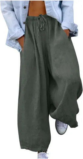 Women 2025 Casual Wide Leg Pants Elastic Waist Wide Leg Linen Pant Loose Long Palazzo Trousers Bottoms Slacks Pockets