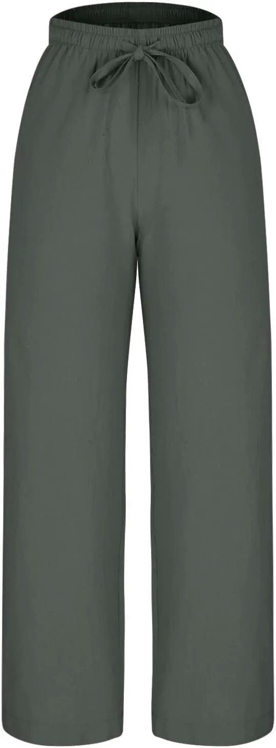Women 2025 Casual Wide Leg Pants Elastic Waist Wide Leg Linen Pant Loose Long Palazzo Trousers Bottoms Slacks Pockets