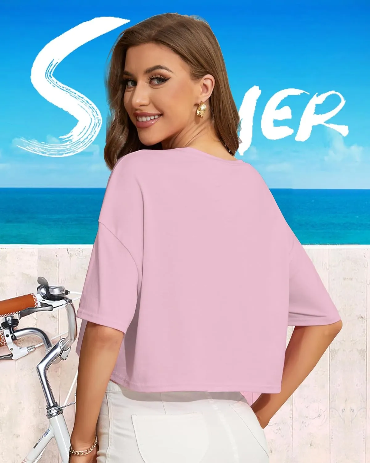 Women Cropped Tees Loose Fit Half Drop Shoulder Short Sleeve Tops Round Neck Basic Casual Shirts for Summer 2025