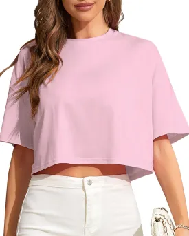 Women Cropped Tees Loose Fit Half Drop Shoulder Short Sleeve Tops Round Neck Basic Casual Shirts for Summer 2025