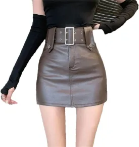 Women High Waist Skirt Pu Leather A-Line Skirt Mini Skirts Solid Pencil