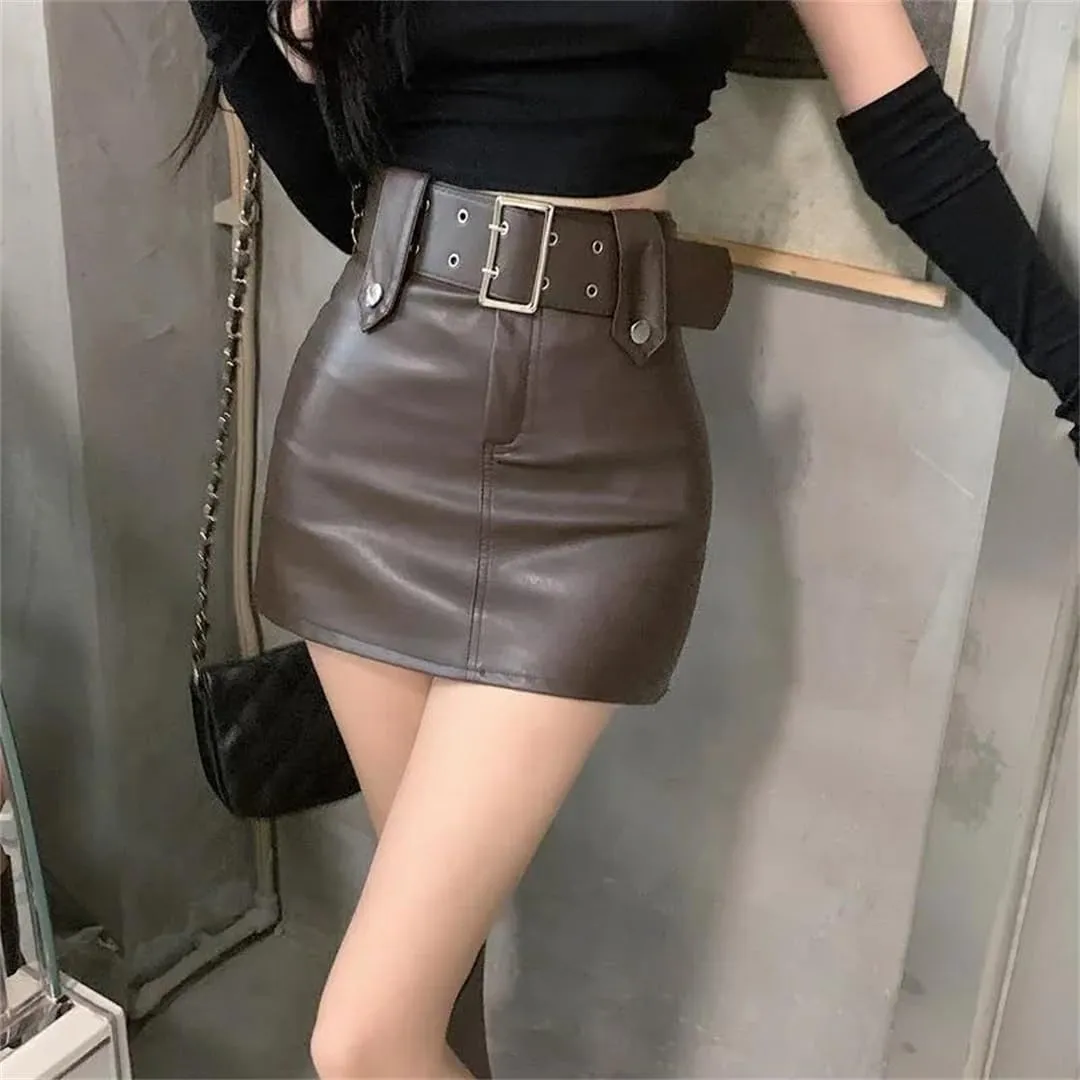 Women High Waist Skirt Pu Leather A-Line Skirt Mini Skirts Solid Pencil