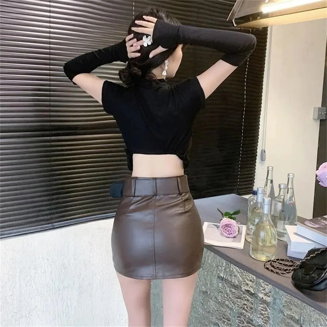 Women High Waist Skirt Pu Leather A-Line Skirt Mini Skirts Solid Pencil