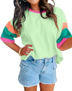 Women Oversized Color Block T-Shirt Casual Loose Crewneck Short Sleeve Drop Shoulder Patchwork Shirt Summer Tee Top