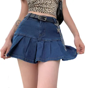 Women Y2K Pleated Jean Skirt Casual Low Waist Ruffle A Line Flare Denim Mini Skirt Summer Going Out Streetwear