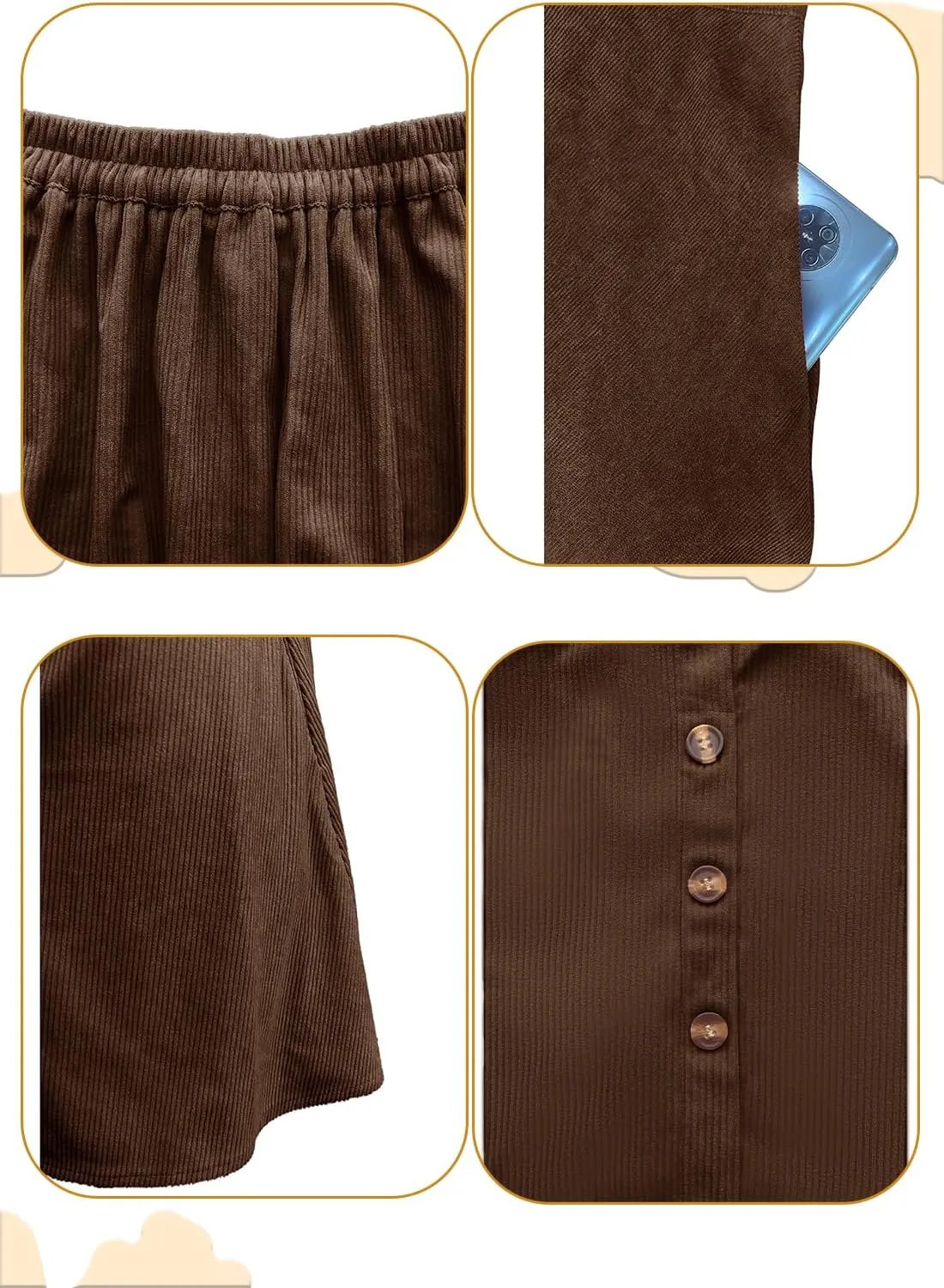 Womens Button Front Mini Skirt A-line Pleated Corduroy Skater Skirts for Women with Pocket