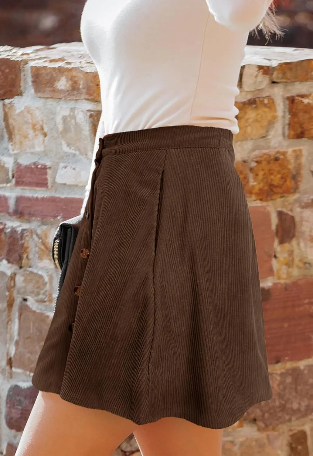 Womens Button Front Mini Skirt A-line Pleated Corduroy Skater Skirts for Women with Pocket