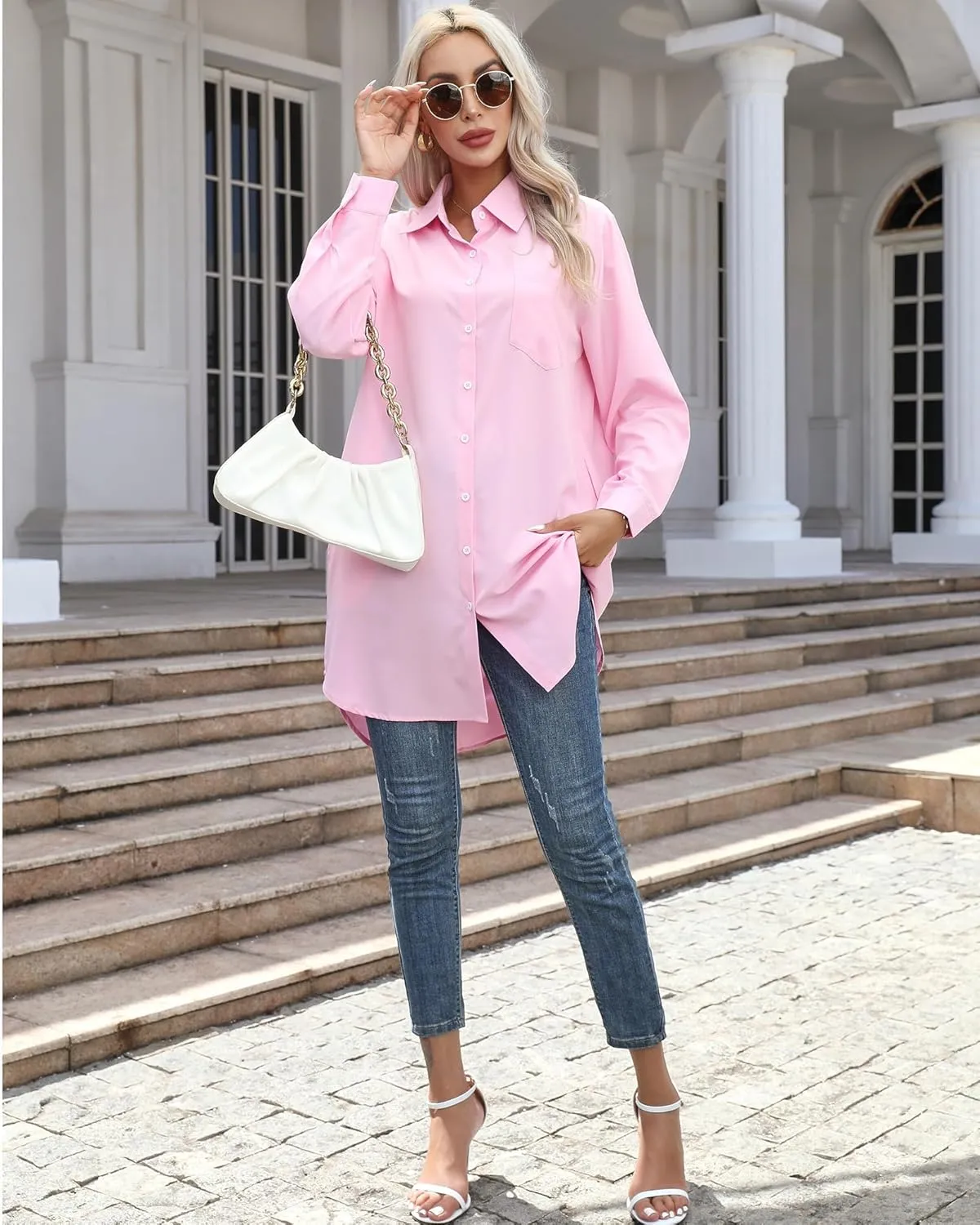 Women's Casual Button Down Shirts Long Sleeve Oversize Blouse Loose Shirt Dress with Side Pockets