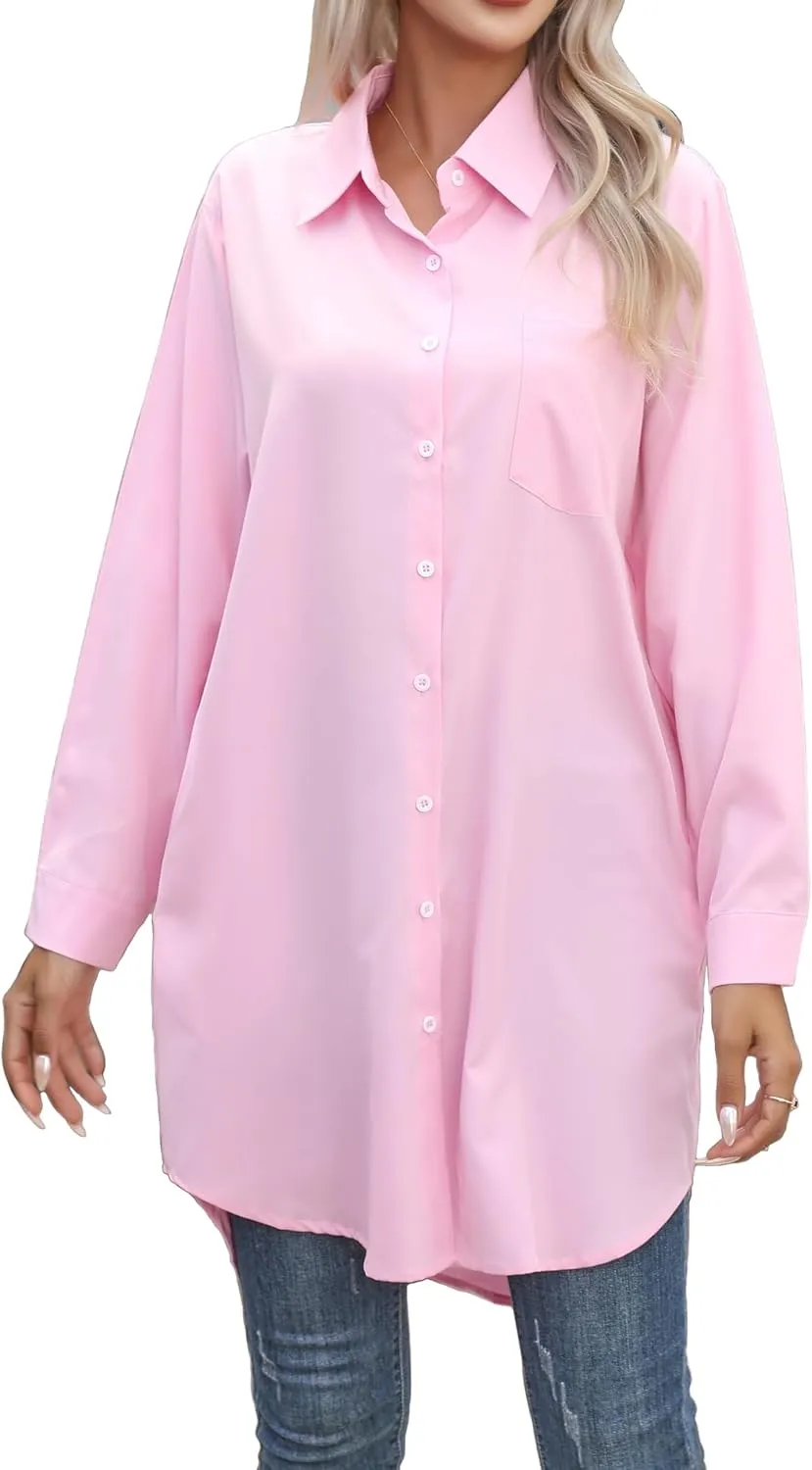 Women's Casual Button Down Shirts Long Sleeve Oversize Blouse Loose Shirt Dress with Side Pockets
