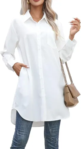 Women's Casual Button Down Shirts Long Sleeve Oversize Blouse Loose Shirt Dress with Side Pockets