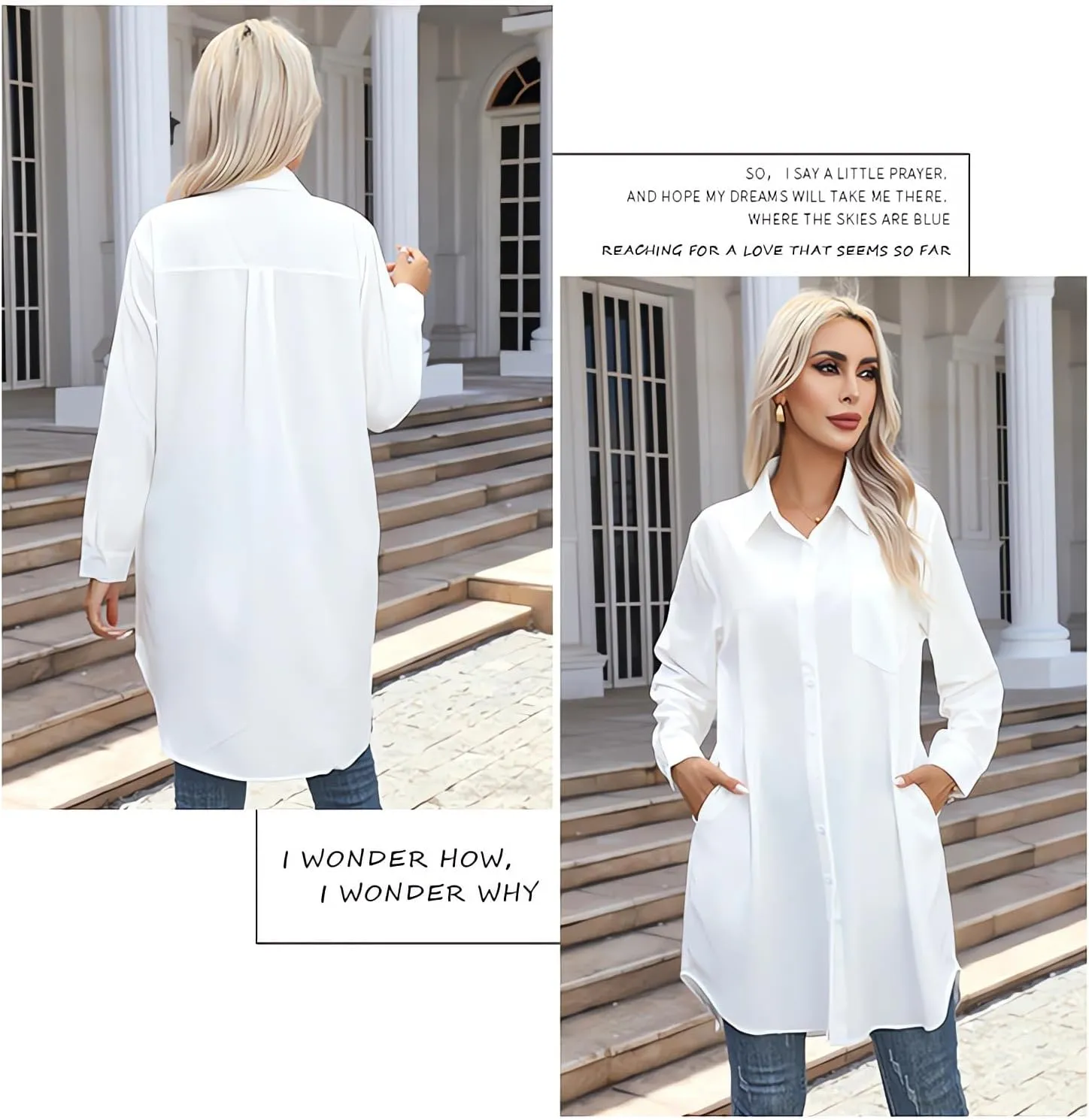Women's Casual Button Down Shirts Long Sleeve Oversize Blouse Loose Shirt Dress with Side Pockets