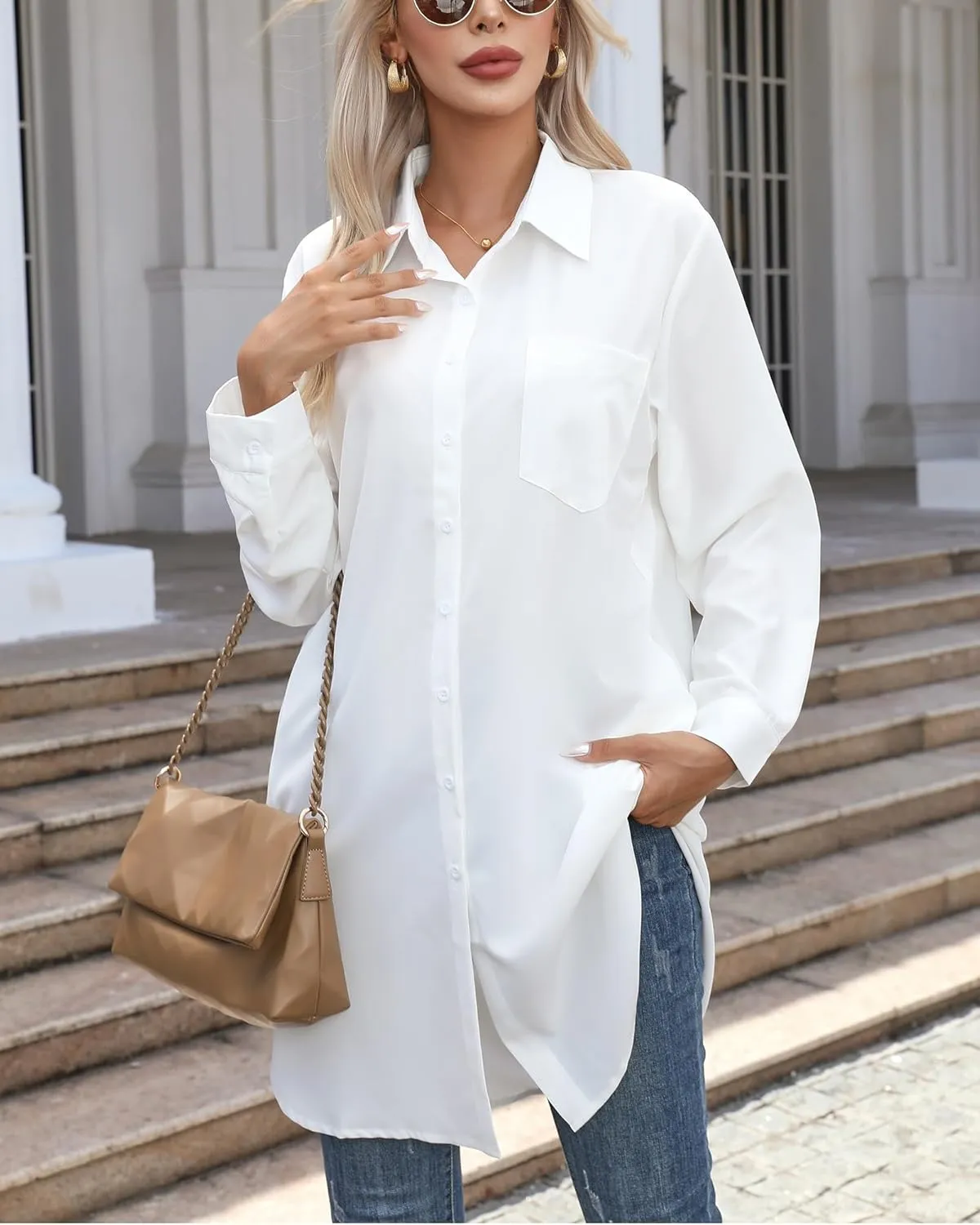 Women's Casual Button Down Shirts Long Sleeve Oversize Blouse Loose Shirt Dress with Side Pockets