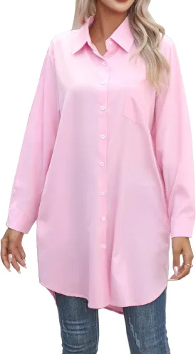 Women's Casual Button Down Shirts Long Sleeve Oversize Blouse Loose Shirt Dress with Side Pockets