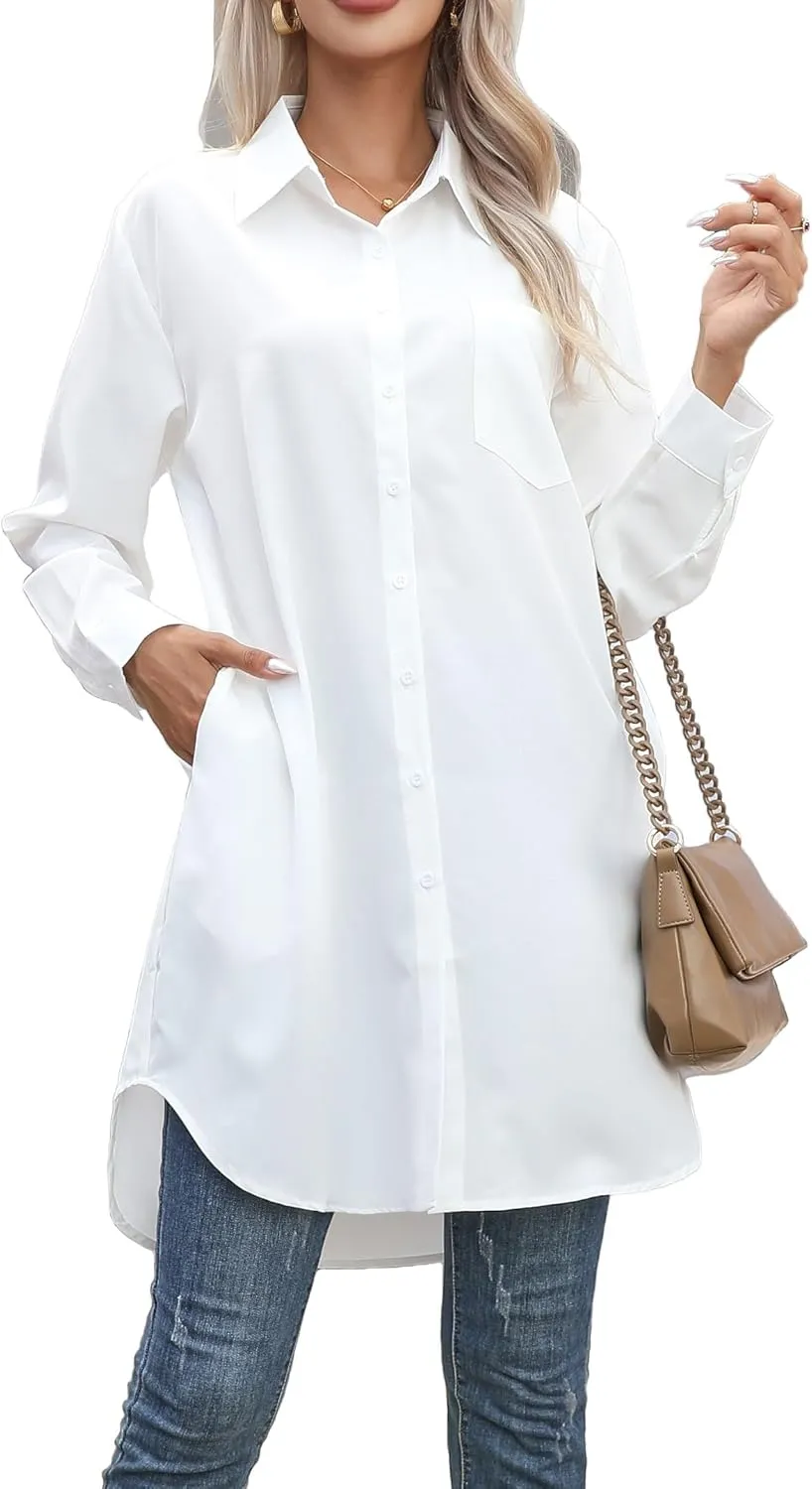 Women's Casual Button Down Shirts Long Sleeve Oversize Blouse Loose Shirt Dress with Side Pockets
