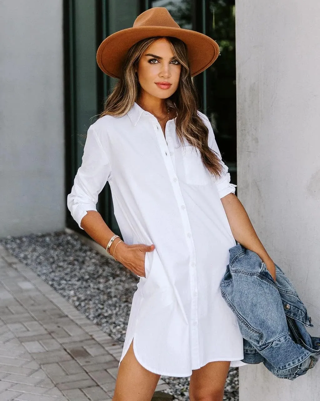 Women's Casual Button Down Shirts Long Sleeve Oversize Blouse Loose Shirt Dress with Side Pockets