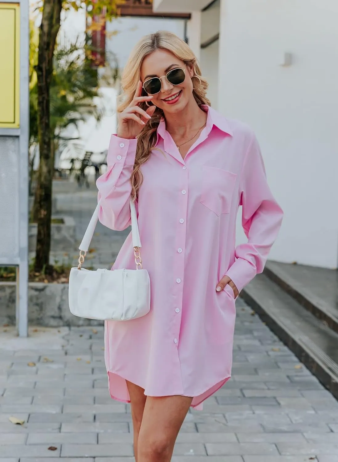 Women's Casual Button Down Shirts Long Sleeve Oversize Blouse Loose Shirt Dress with Side Pockets