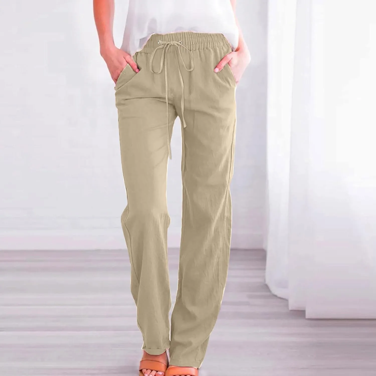 Women's Casual Cotton Linen Pants Summer Relax Fit Elastic Waist Straight Leg Comfy Solid Lounge Long Trouser with Pockets
