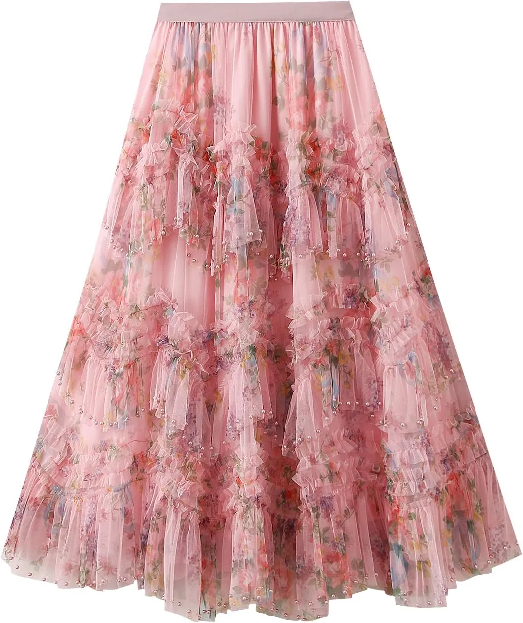 Women's Floral Mesh Skirt Irregular Flowy Layerd A Line Midi Skirt Summer Beach Vacation Skirt