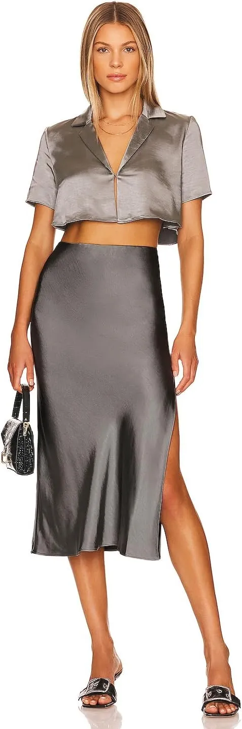Womens High Waisted Satin Midi Skirt Elastic Waist Silk A Line Slit Midi Skirts