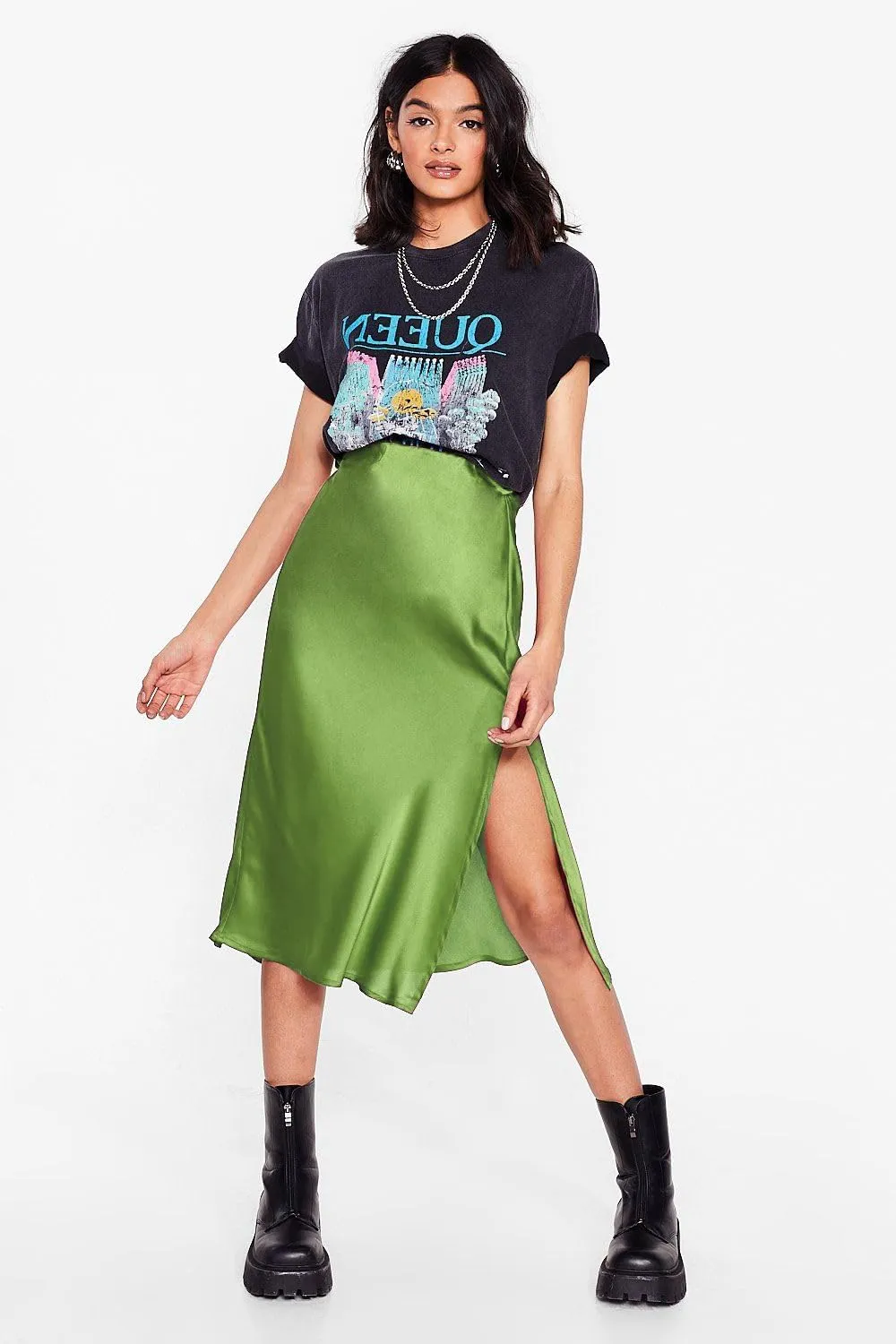 Womens High Waisted Satin Midi Skirt Elastic Waist Silk A Line Slit Midi Skirts
