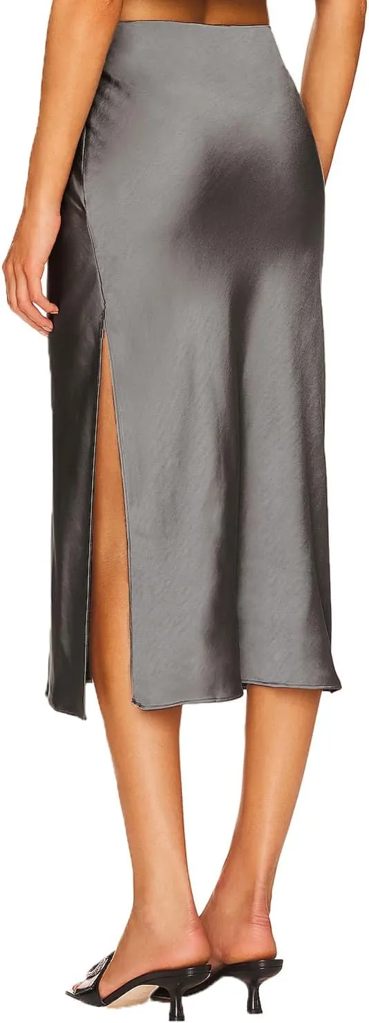 Womens High Waisted Satin Midi Skirt Elastic Waist Silk A Line Slit Midi Skirts