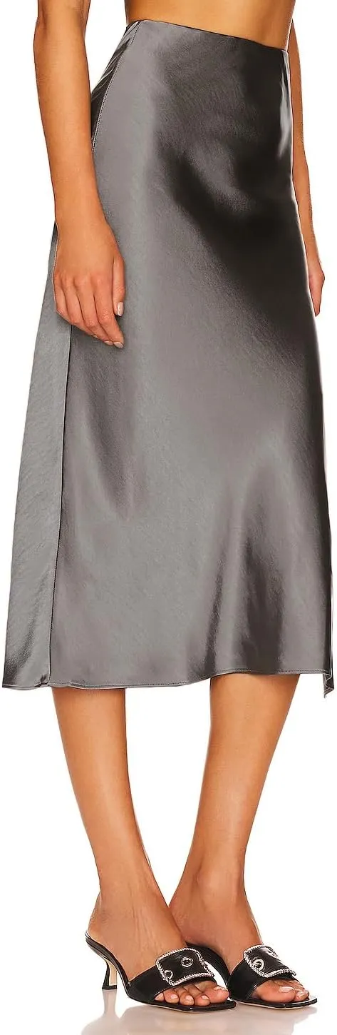 Womens High Waisted Satin Midi Skirt Elastic Waist Silk A Line Slit Midi Skirts