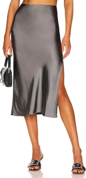 Womens High Waisted Satin Midi Skirt Elastic Waist Silk A Line Slit Midi Skirts