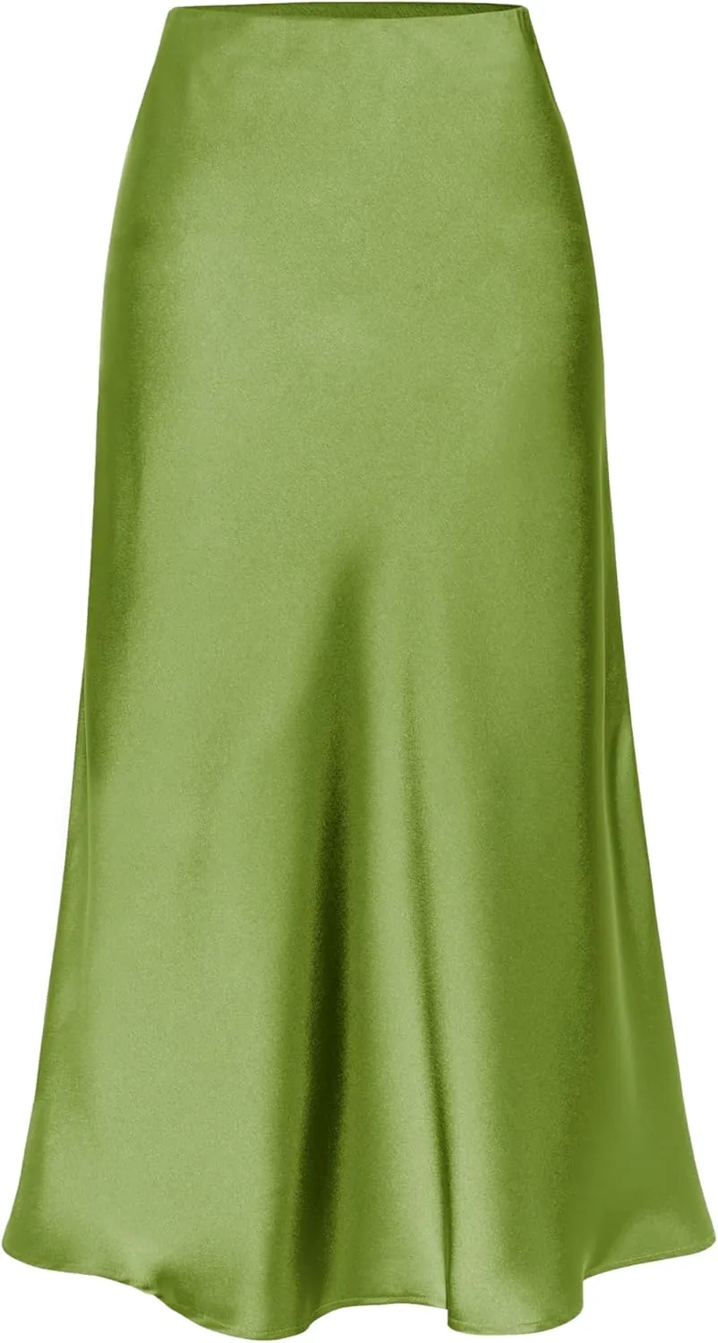 Womens High Waisted Satin Midi Skirt Elastic Waist Silk A Line Slit Midi Skirts