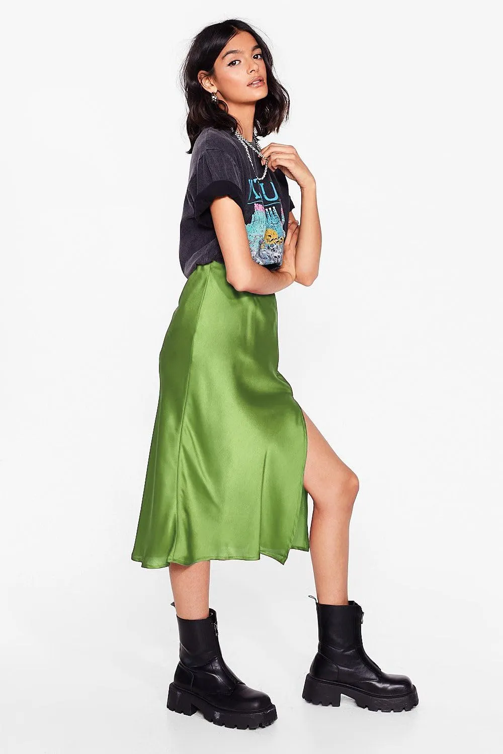 Womens High Waisted Satin Midi Skirt Elastic Waist Silk A Line Slit Midi Skirts