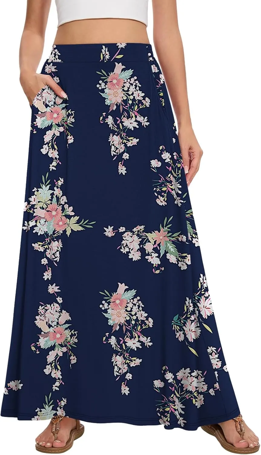 Womens Maxi A-line Long Summer Skirt Elastic High Waist Flowy Skirt with Pockets